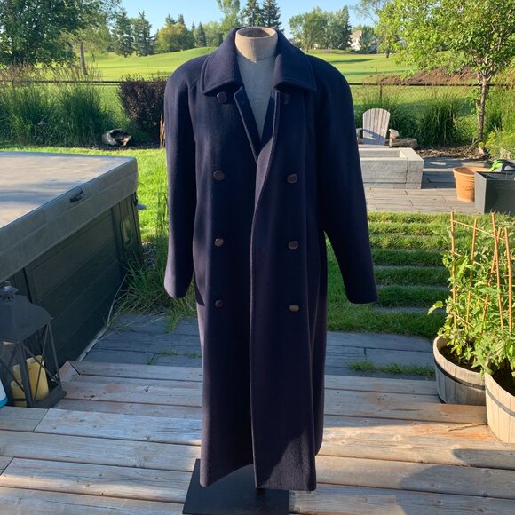 Vintage 90s London Fog Wool Overcoat Navy Double Breasted Belted Winter Coat - Picture 5 of 15